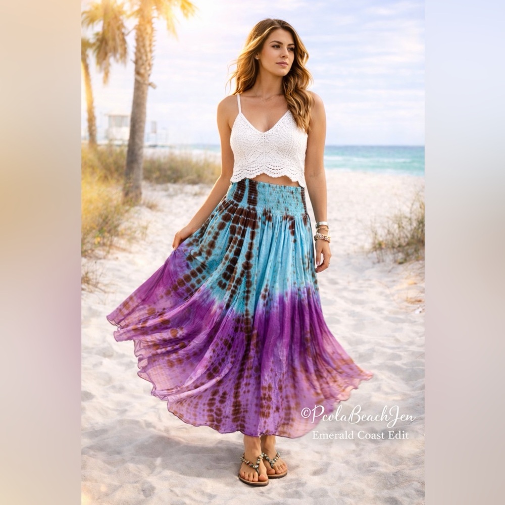 Wevez Rayon Tie Dye Long Skirt in Turquoise~Vibrant Purple~Brown~OS Regular~NWT - Picture 1 of 16